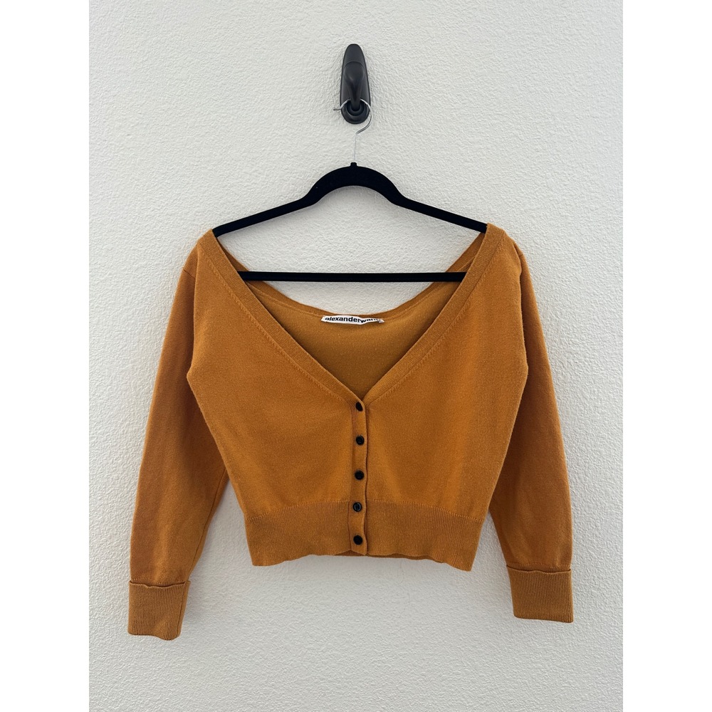 Alexander Wang Mustard Wool Off Shoulder Button Cropped Cardigan Designer M
